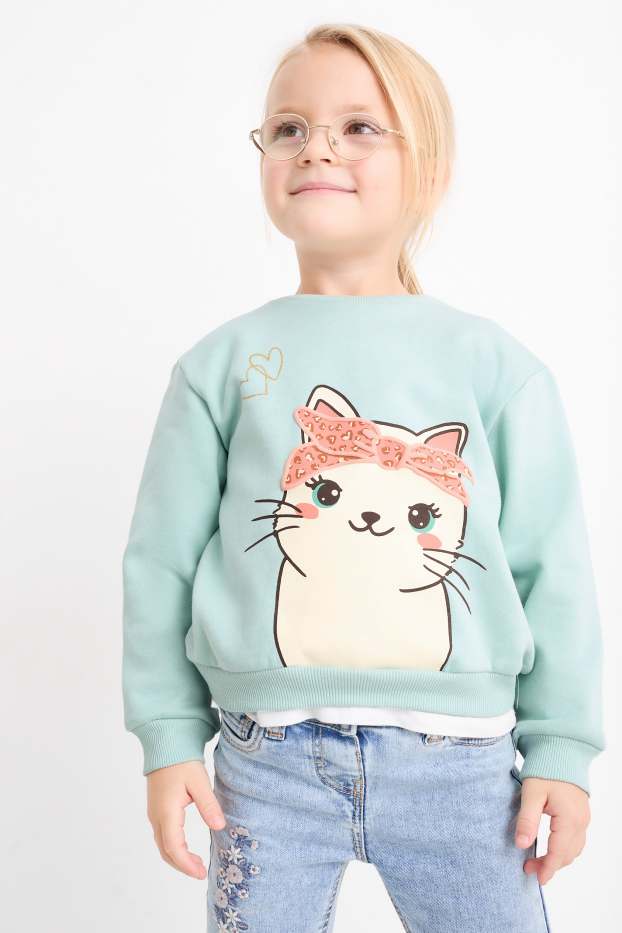 Niños: niñas - Pack de 2 - gato y corazones - sudaderas - turquesa