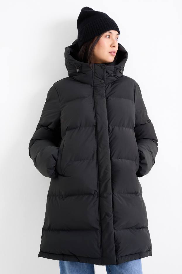 Donna - Cappotto trapuntato con cappuccio - impermeabile - nero