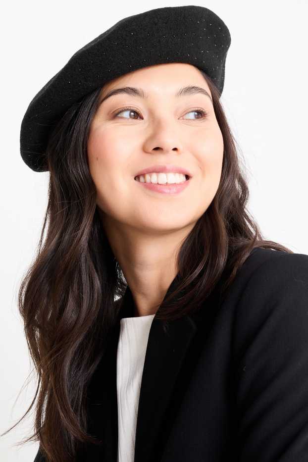 Women - Woollen beret with rhinestones - black