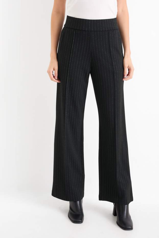 Femei - Pantaloni din jerseu - talie înaltă - straight fit - dungi fine - negru
