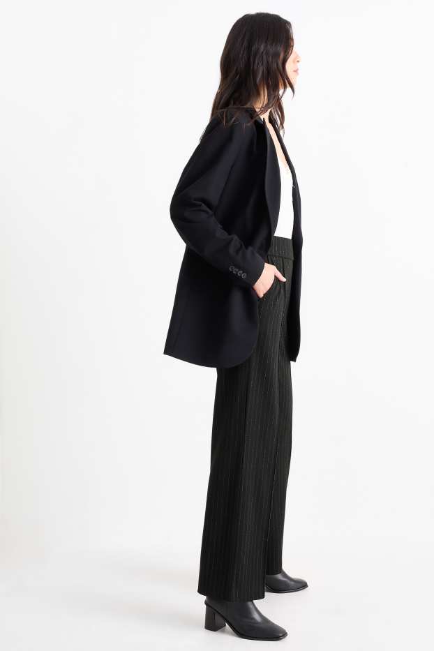 Femei - Pantaloni din jerseu - talie înaltă - straight fit - dungi fine - negru