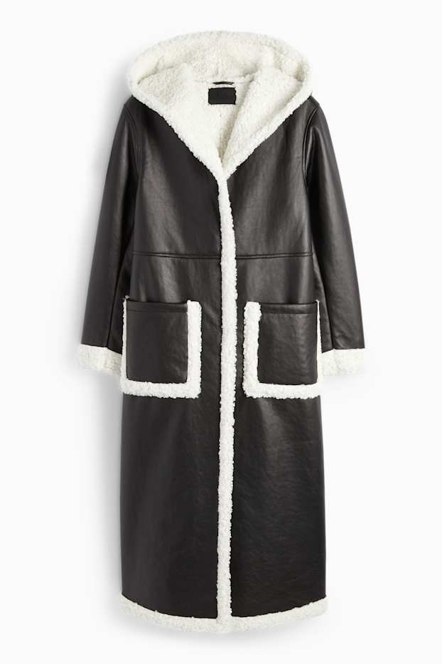 Dames - Shearling jas met capuchon - imitatieleer - zwart