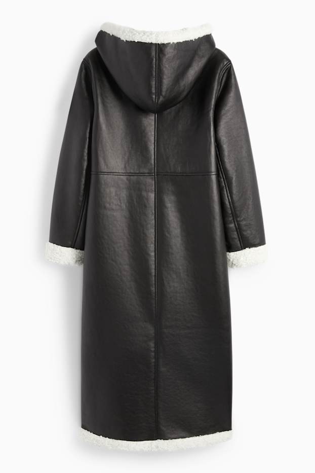 Dames - Shearling jas met capuchon - imitatieleer - zwart