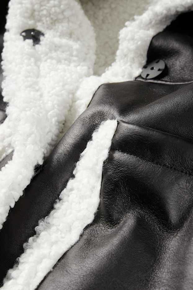 Dames - Shearling jas met capuchon - imitatieleer - zwart