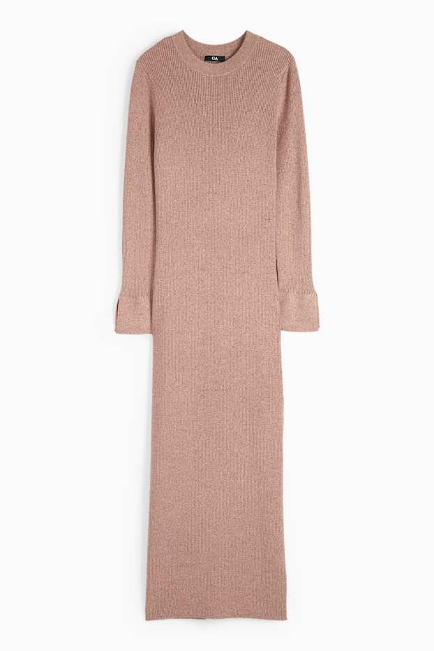 Women - Knitted dress with slit - ribbed - shiny - rust