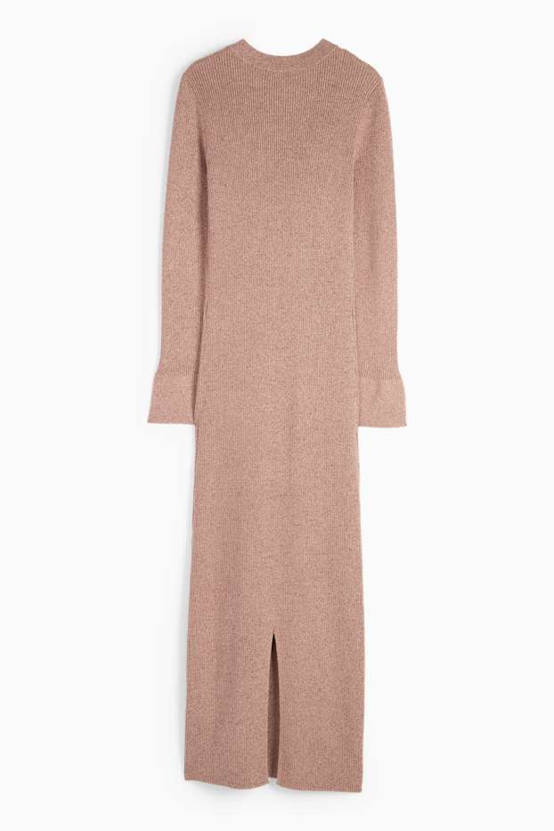 Women - Knitted dress with slit - ribbed - shiny - rust