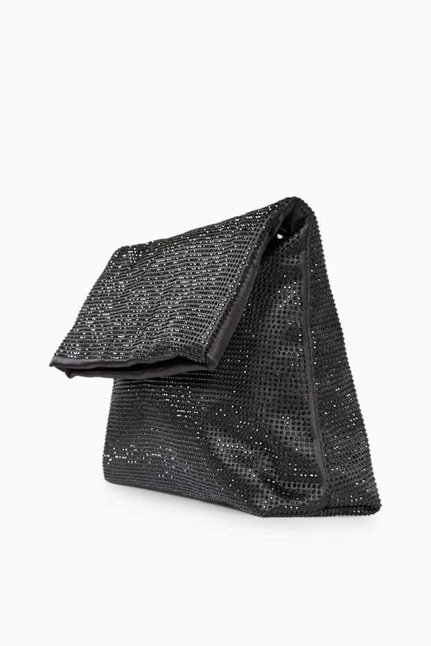 Dames - Schoudertas met strass steentjes en afneembare draagriem - zwart