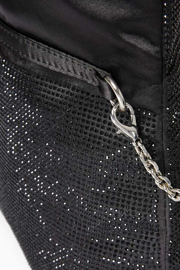 Dames - Schoudertas met strass steentjes en afneembare draagriem - zwart