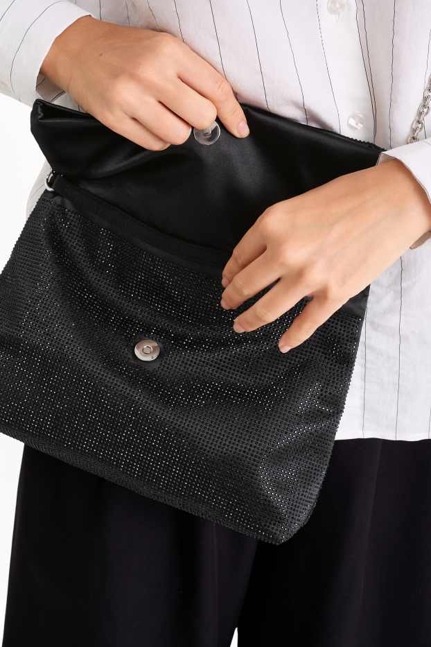 Dames - Schoudertas met strass steentjes en afneembare draagriem - zwart