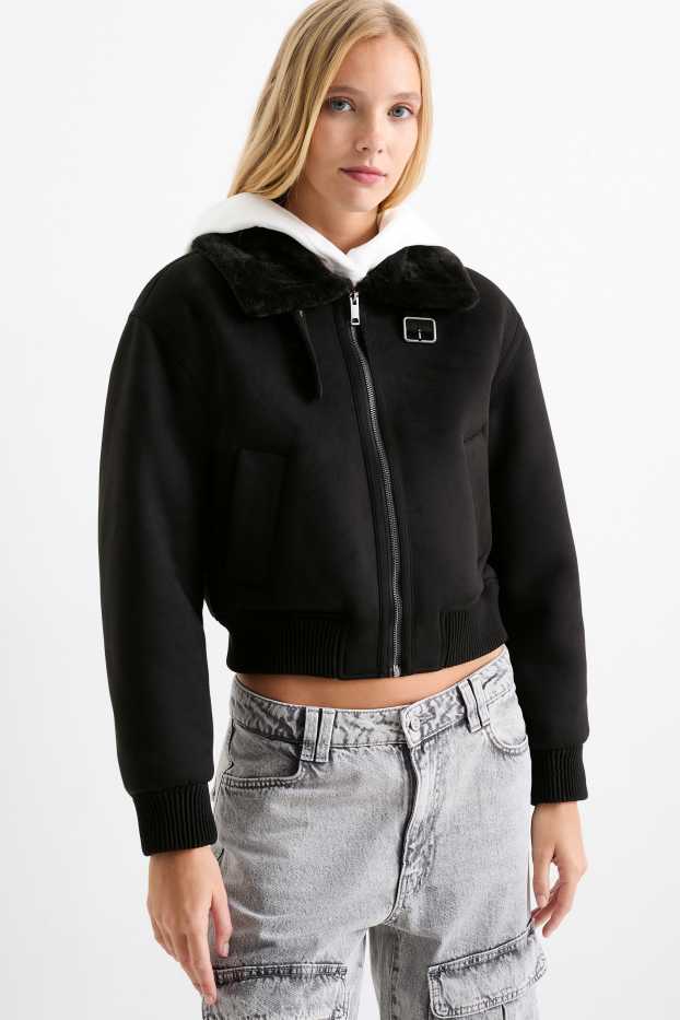 Damen - Faux Shearling Jacke - Velourslederimitat - schwarz