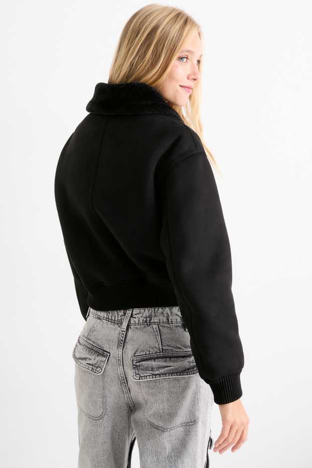 Damen - Faux Shearling Jacke - Velourslederimitat - schwarz