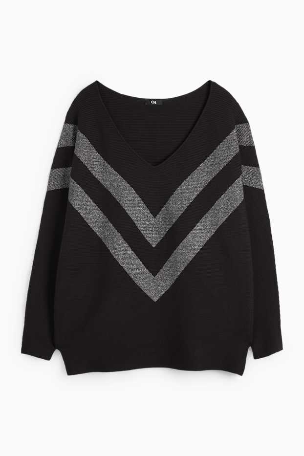 Femei - Pulover cu decolteu în V - reiat - negru