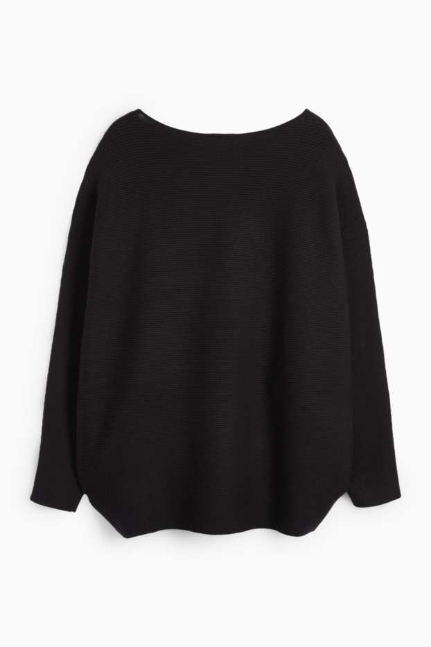 Femei - Pulover cu decolteu în V - reiat - negru