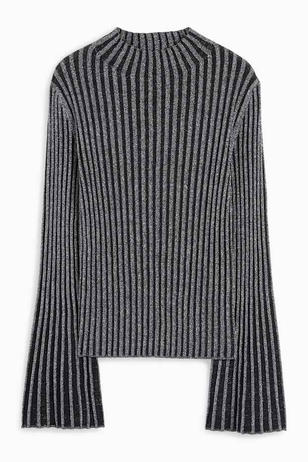Damen - Pullover mit Stehkragen - gerippt - glänzend - schwarz