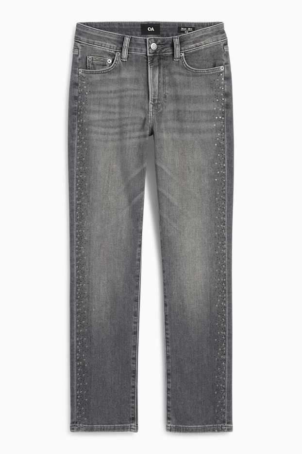 Women - Slim jeans with rhinestones - mid-rise waist - gray