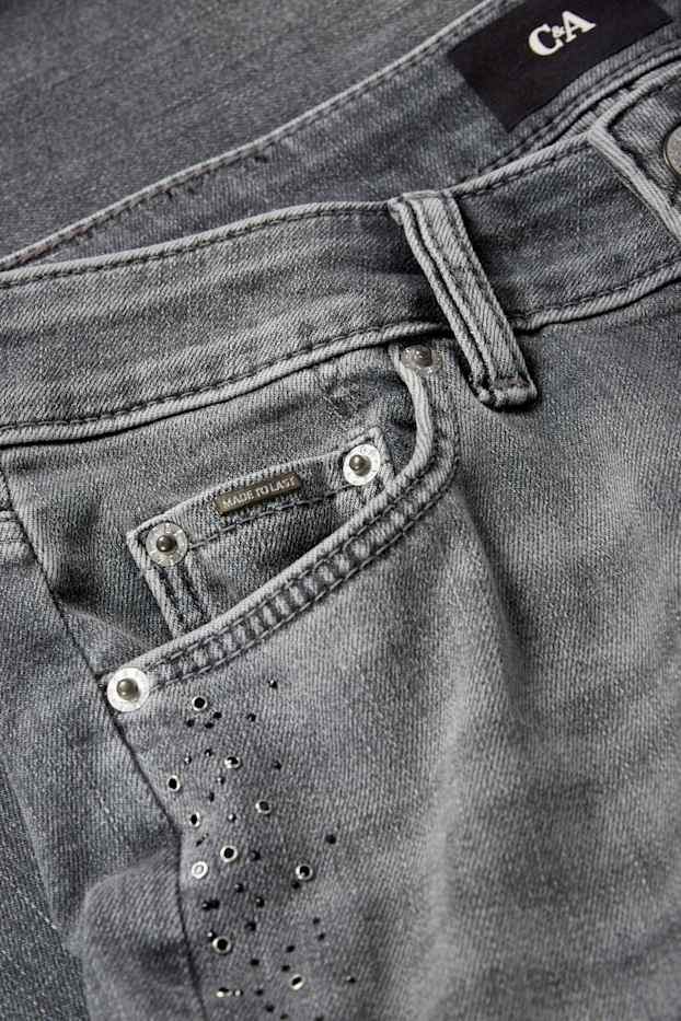 Women - Slim jeans with rhinestones - mid-rise waist - gray