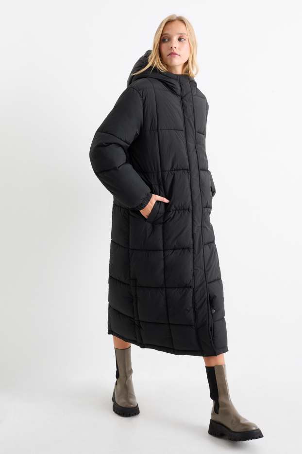 Damen - Steppmantel mit Kapuze - schwarz