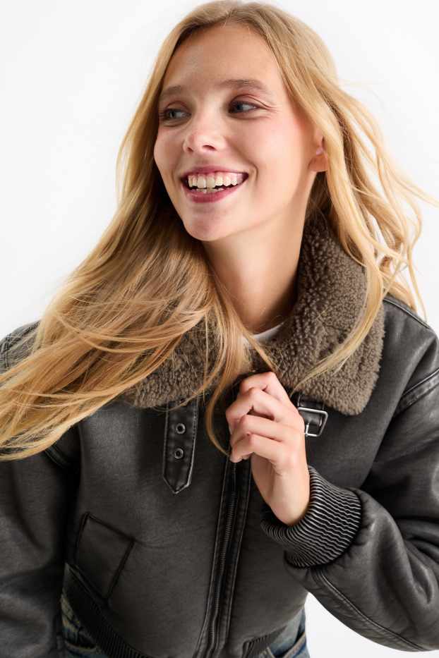 Women - Faux shearling jacket - faux leather - dark gray
