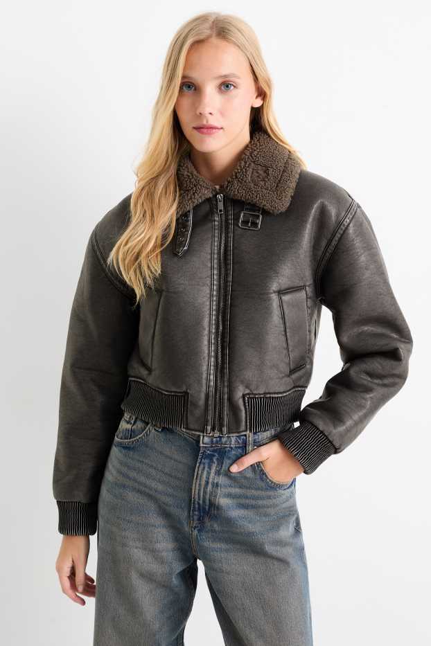 Women - Faux shearling jacket - faux leather - dark gray