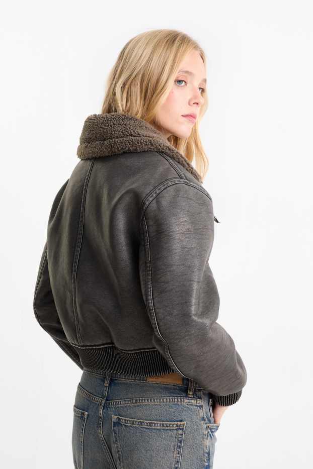 Women - Faux shearling jacket - faux leather - dark gray
