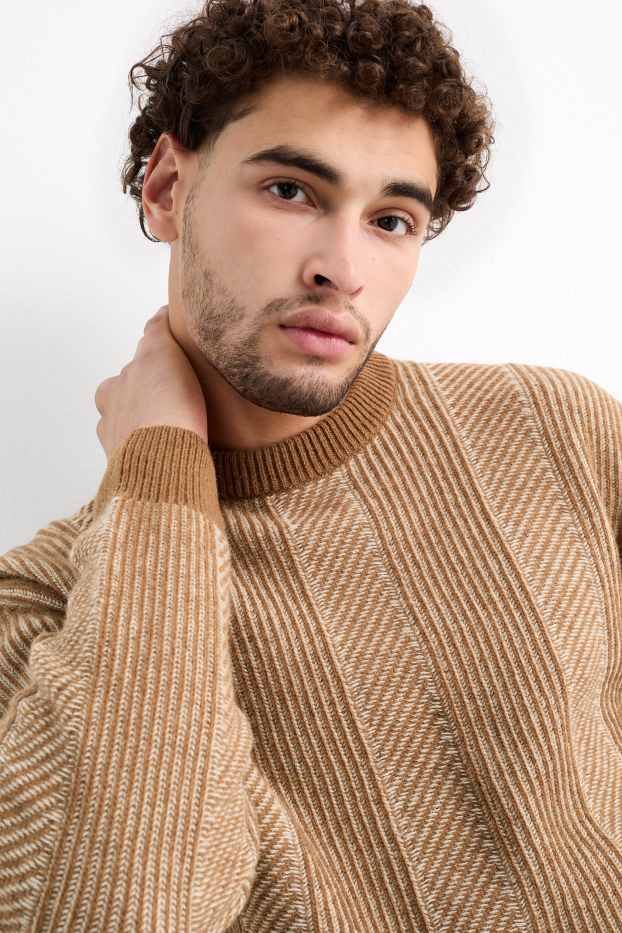 Hommes - Pullover - laine mélangée - finition côtelée - marron