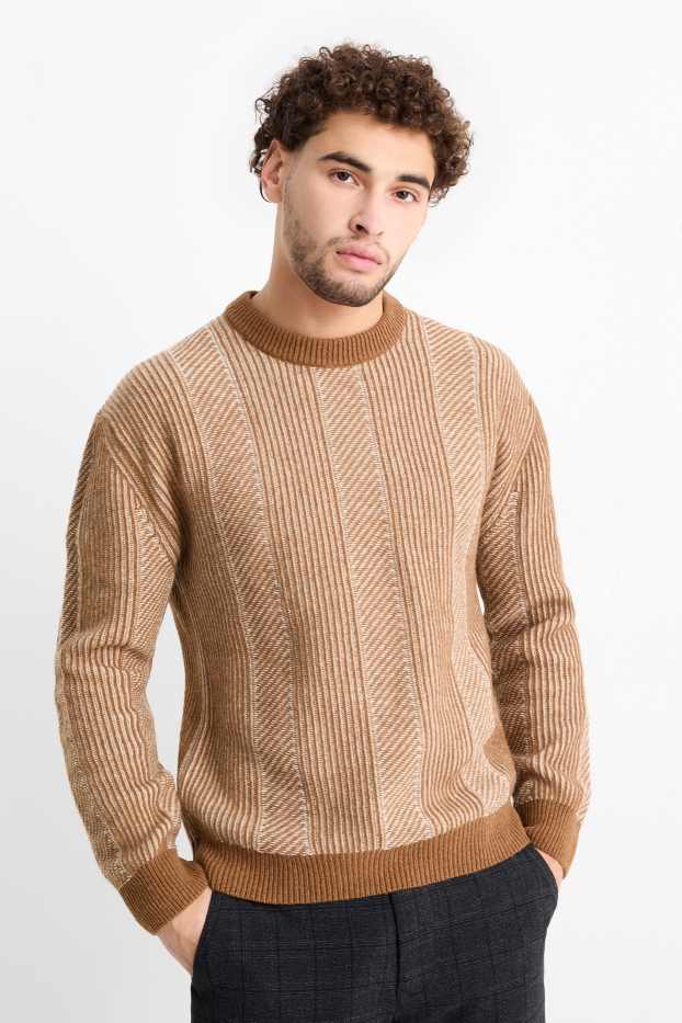 Hommes - Pullover - laine mélangée - finition côtelée - marron