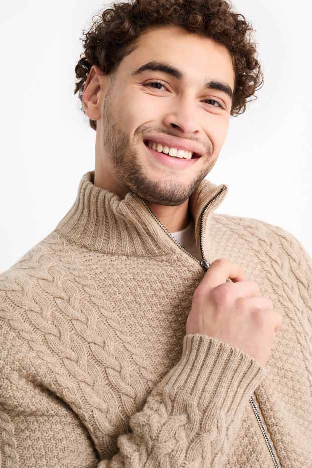 Heren - Vest - wolmix - kabelpatroon - licht beige