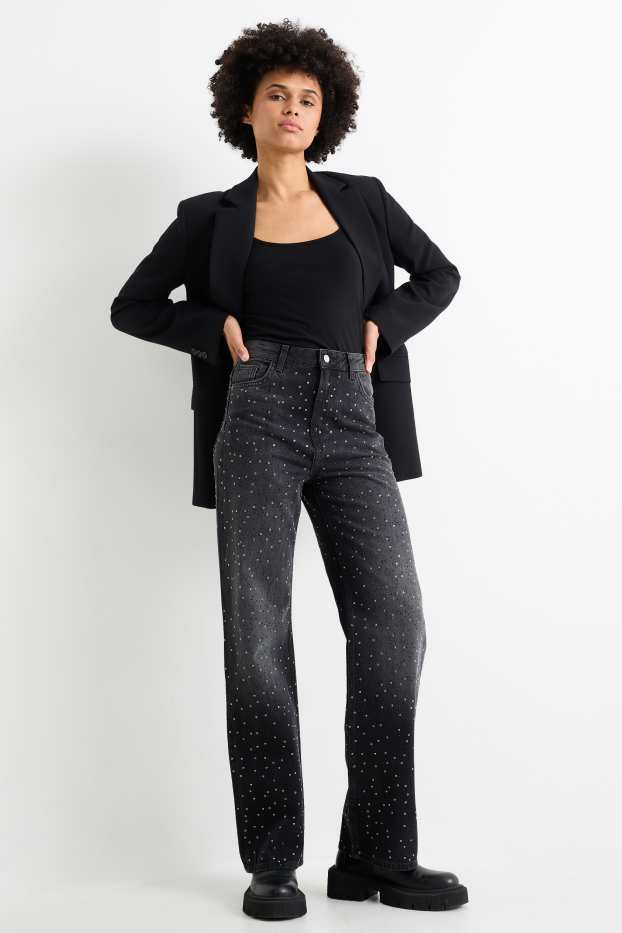 Femei - Loose fit jeans cu ștrasuri - talie înaltă - negru