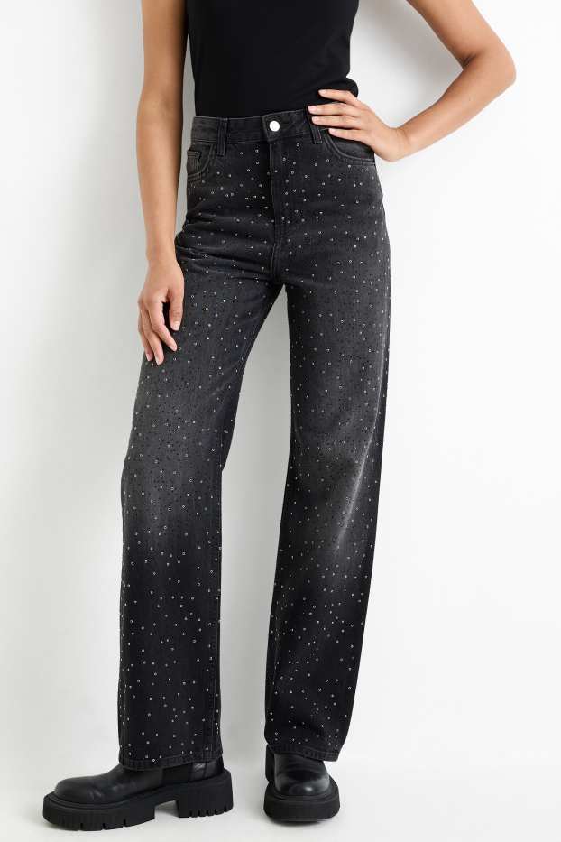 Femei - Loose fit jeans cu ștrasuri - talie înaltă - negru