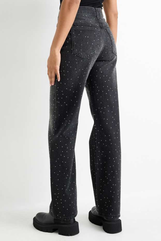 Femei - Loose fit jeans cu ștrasuri - talie înaltă - negru