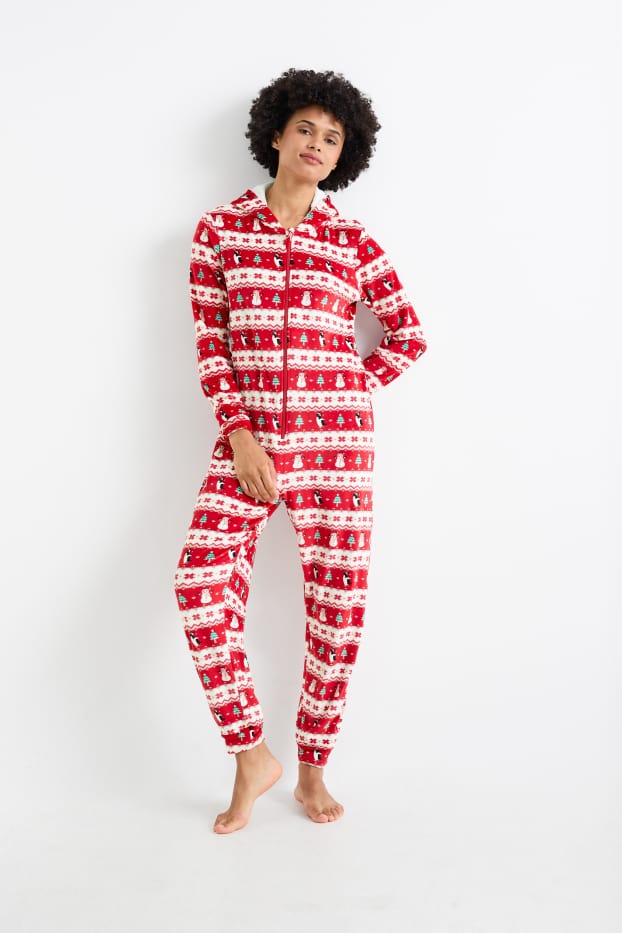 Mujer - Mono navideño con capucha - rojo