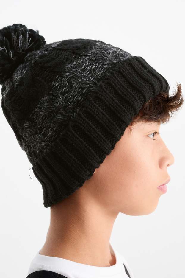 Enfants garçons - Bonnet à pompon - à rayures - motif tressé - gris foncé