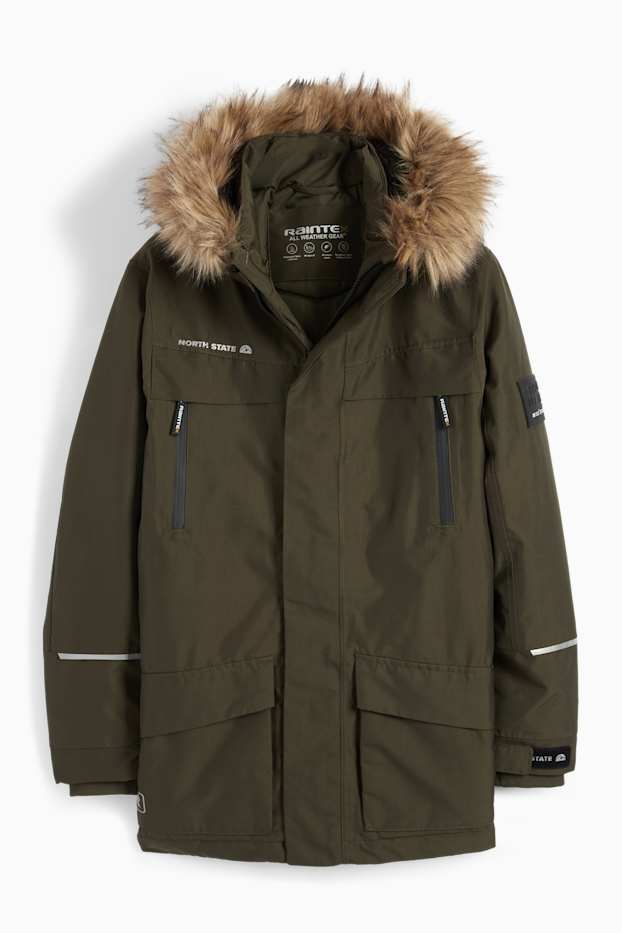 Bambini - Parka con cappuccio e inserto in ecopelliccia - inverno - impermeabile - verde scuro