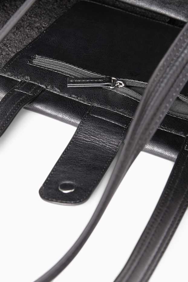 Damen - Großer Shopper - Lederimitat - schwarz
