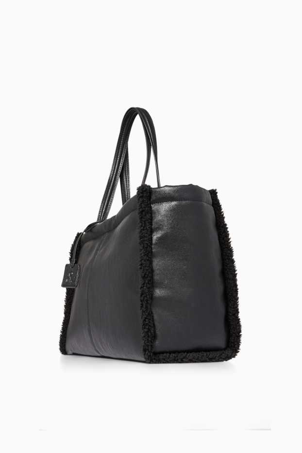 Damen - Großer Shopper - Lederimitat - schwarz
