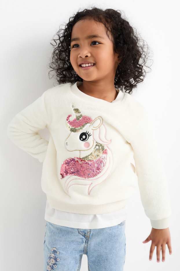 Enfants filles - Licorne - ensemble - sweat et moufles - deux pièces - blanc crème