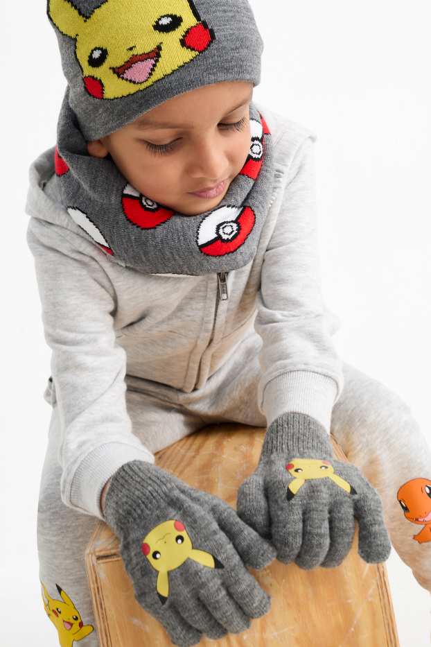 Copii - Băieți - Pokémon - Pikachu - set - căciulă, fular circular și mănuși - gri închis