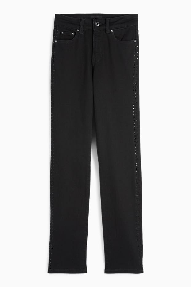 Femei - Straight jeans cu ștrasuri - talie medie - LYCRA® - negru