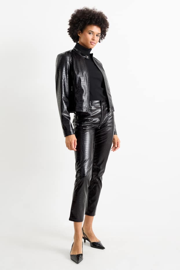Damen - Hose - Mid Waist - Slim Fit - Lederimitat - schwarz