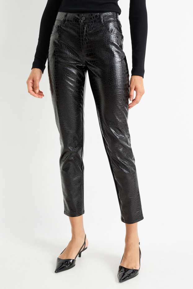 Damen - Hose - Mid Waist - Slim Fit - Lederimitat - schwarz