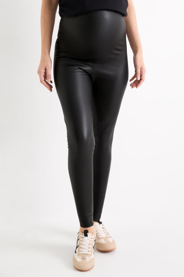 Damen - Umstands-Leggings - Lederimitat - schwarz