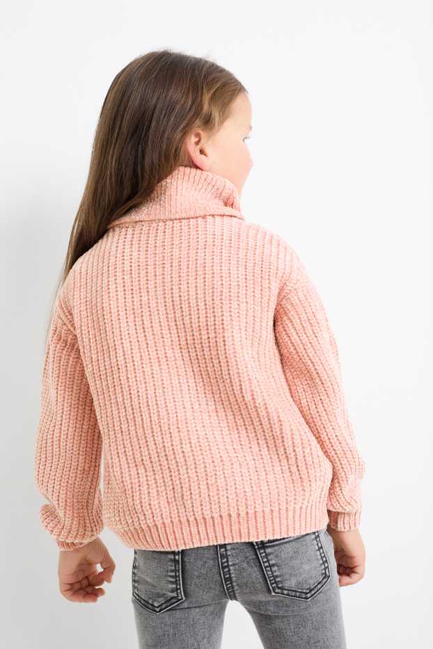Enfants filles - Pull à col roulé en maille chenille - côtelé - motif tressé - rose foncé
