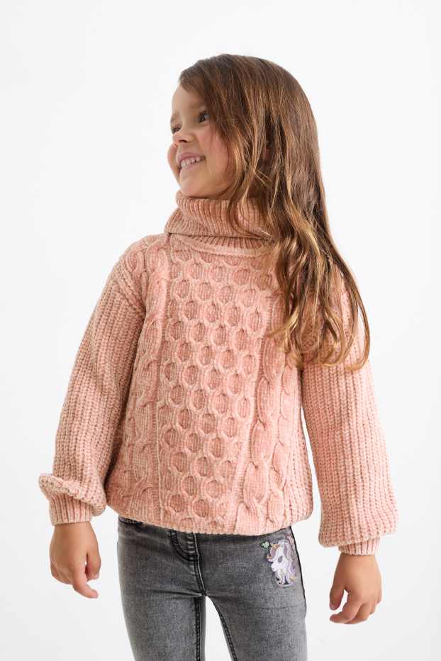Enfants filles - Pull à col roulé en maille chenille - côtelé - motif tressé - rose foncé