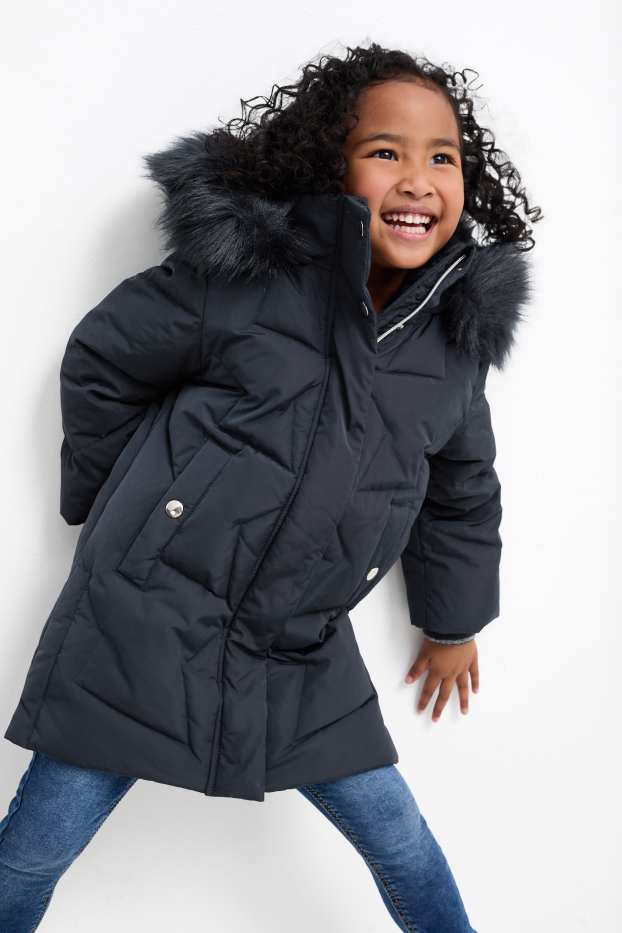 Children Girls - Down jacket with hood and faux fur trim - dark blue