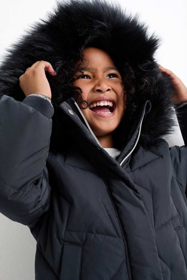 Children Girls - Down jacket with hood and faux fur trim - dark blue