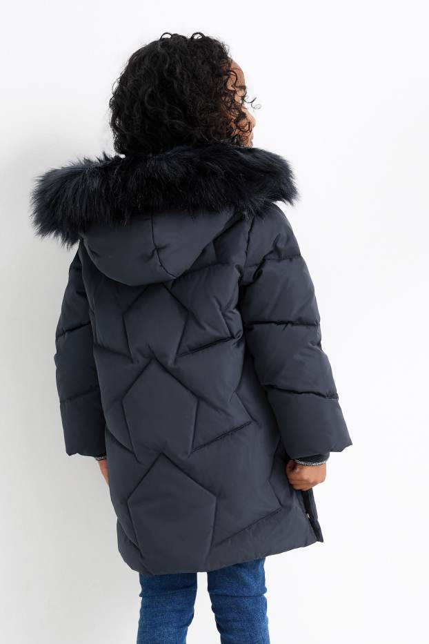 Children Girls - Down jacket with hood and faux fur trim - dark blue