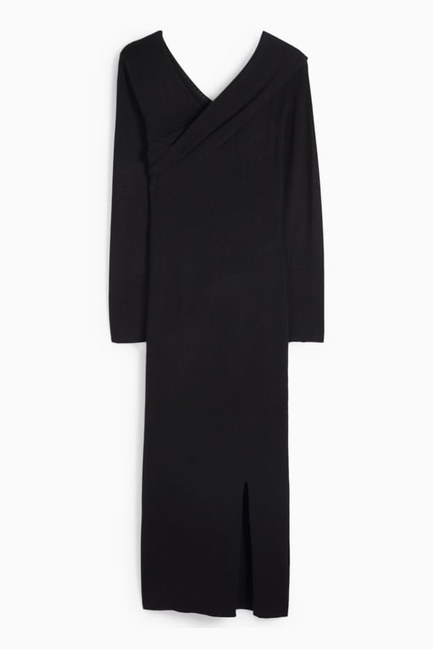 Femei - Rochie din tricot cu decolteu în V - negru