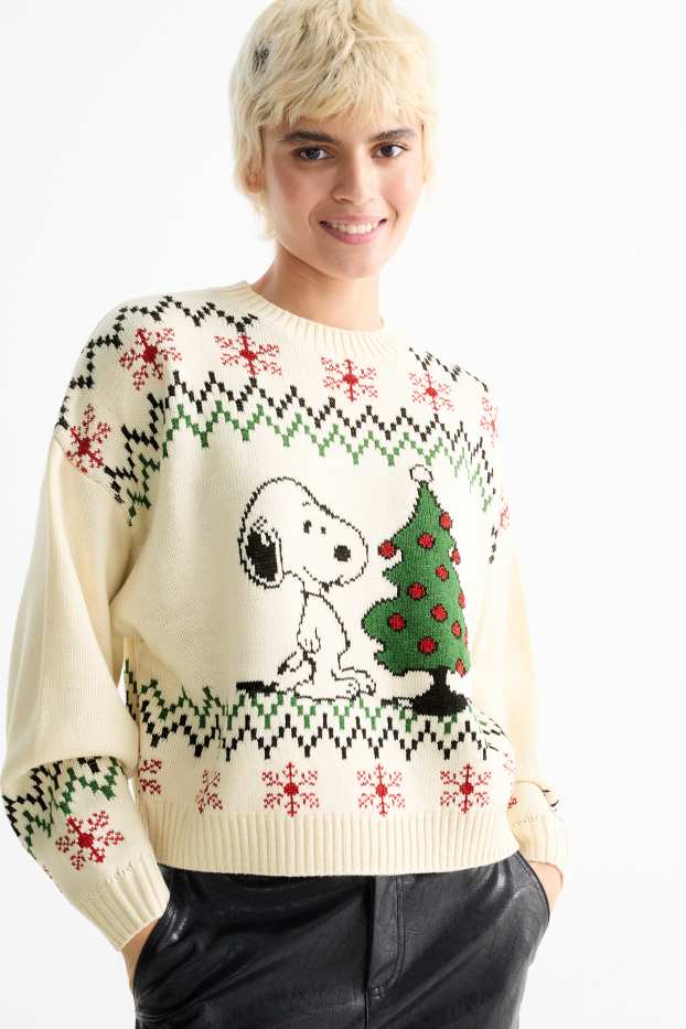 Damen - Weihnachtspullover - Snoopy - cremeweiß