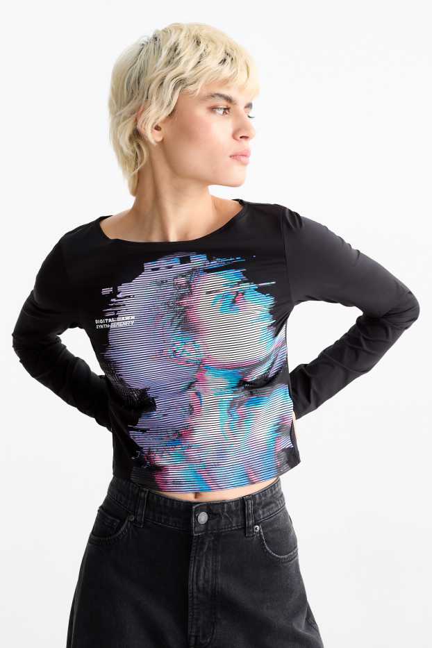 Damen - Crop Langarmshirt - schwarz