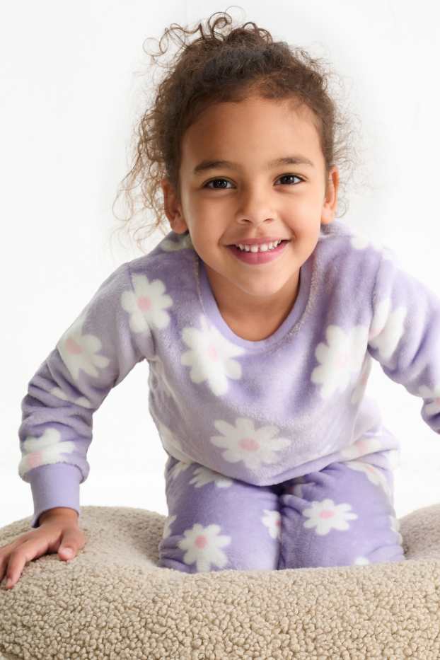 Copii - Fete - Pijama de iarnă - 2 piese - cu flori - violet deschis